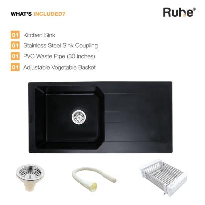 Ruhe Quartz Single Bowl With Drainboard Kitchen Sink - 39 X 20 X 9 Inches - Black by Ruhe : Colours available: Black 6 8