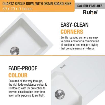Ruhe Quartz Single Bowl With Drainboard Kitchen Sink - 39 X 20 X 9 Inches - White by Ruhe : Colours available: White 11 5