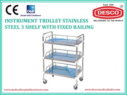 Desco Instrument Trolley Stainless Steel 3 Shelf with Fixed Railing by Desco : Colours available: Blue