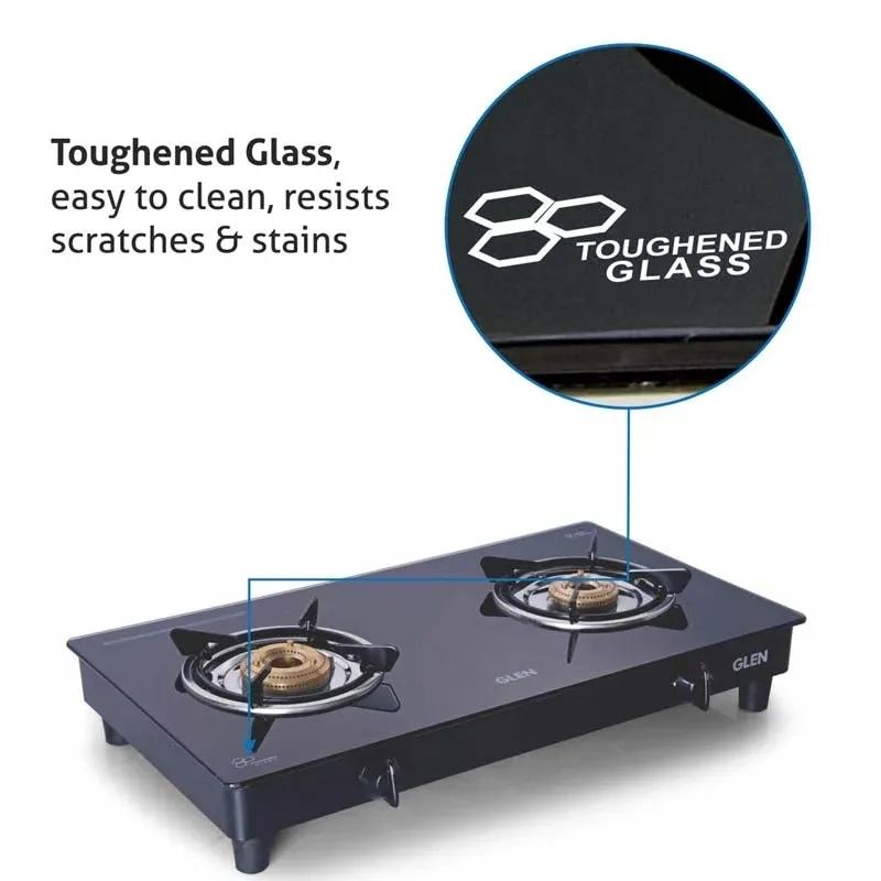 Glen 2 Burner Glass Gas Stove 63 cm|Toughened Glass Top|Extra Large High Flame Brass Burners|Black|Manual Ignition|ISI Certified 2