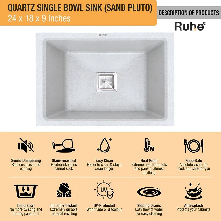 Ruhe Quartz Single Bowl Kitchen Sink 24 X 18 X 9 Inches - Chrome 3