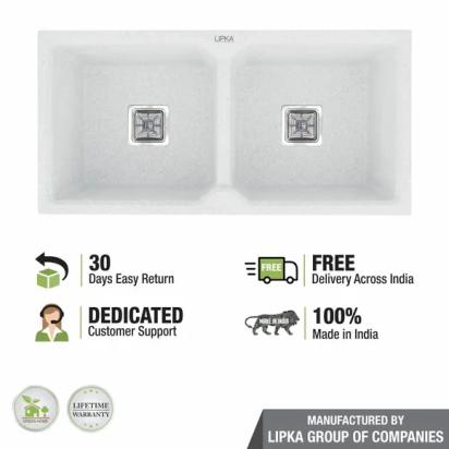 Lipka Crystal White Quartz Double Bowl Kitchen Sink (45 x 20 x 9 Inches) 5