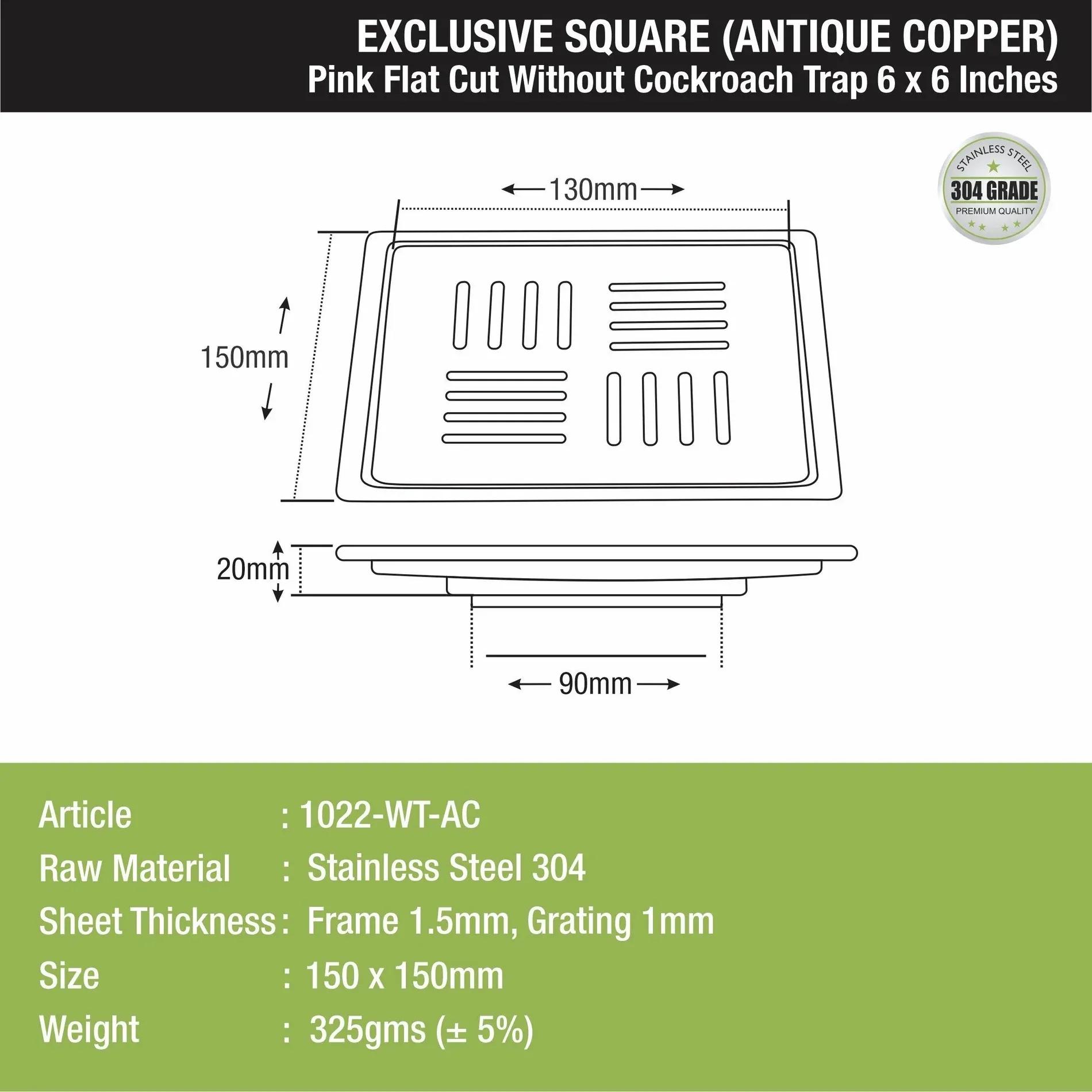 Lipka Pink Exclusive Square Flat Cut Floor Drain in Antique Copper PVD Coating (6 x 6 Inches) 1