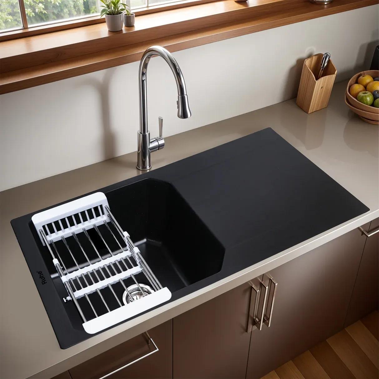 Ruhe Quartz Single Bowl With Drainboard Kitchen Sink - 39 X 20 X 9 Inches - Black