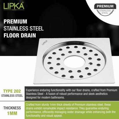 Lipka Eon Square Flat Cut Floor Drain with Plain Jali and Hole (6 x 6 Inches) 3