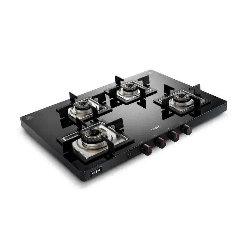 Glen Ultra Slim LPG Gas Stove 4 Burner|Toughened Glass Top|1 Jumbo, 3 Forged Brass Burners|360° Revolving Inlet Nozzle|Manual Ignition|5 Years Warranty On Glass, Valve And Burner|1047USBL