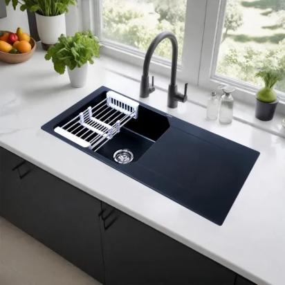 Lipka Black Quartz Single Bowl with Drainboard Kitchen Sink (39 x 20 x 9 Inches)