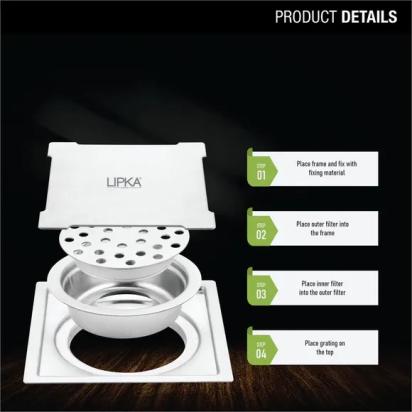 Lipka Yellow Exclusive Square Flat Cut Floor Drain (6 x 6 Inches) with Cockroach Trap 2
