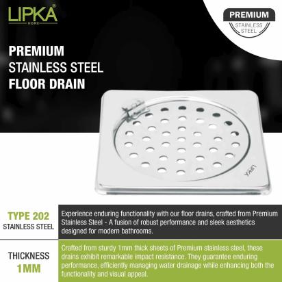 Lipka Eon Square Floor Drain with Plain Jali and Hinge (5 x 5 Inches) 4