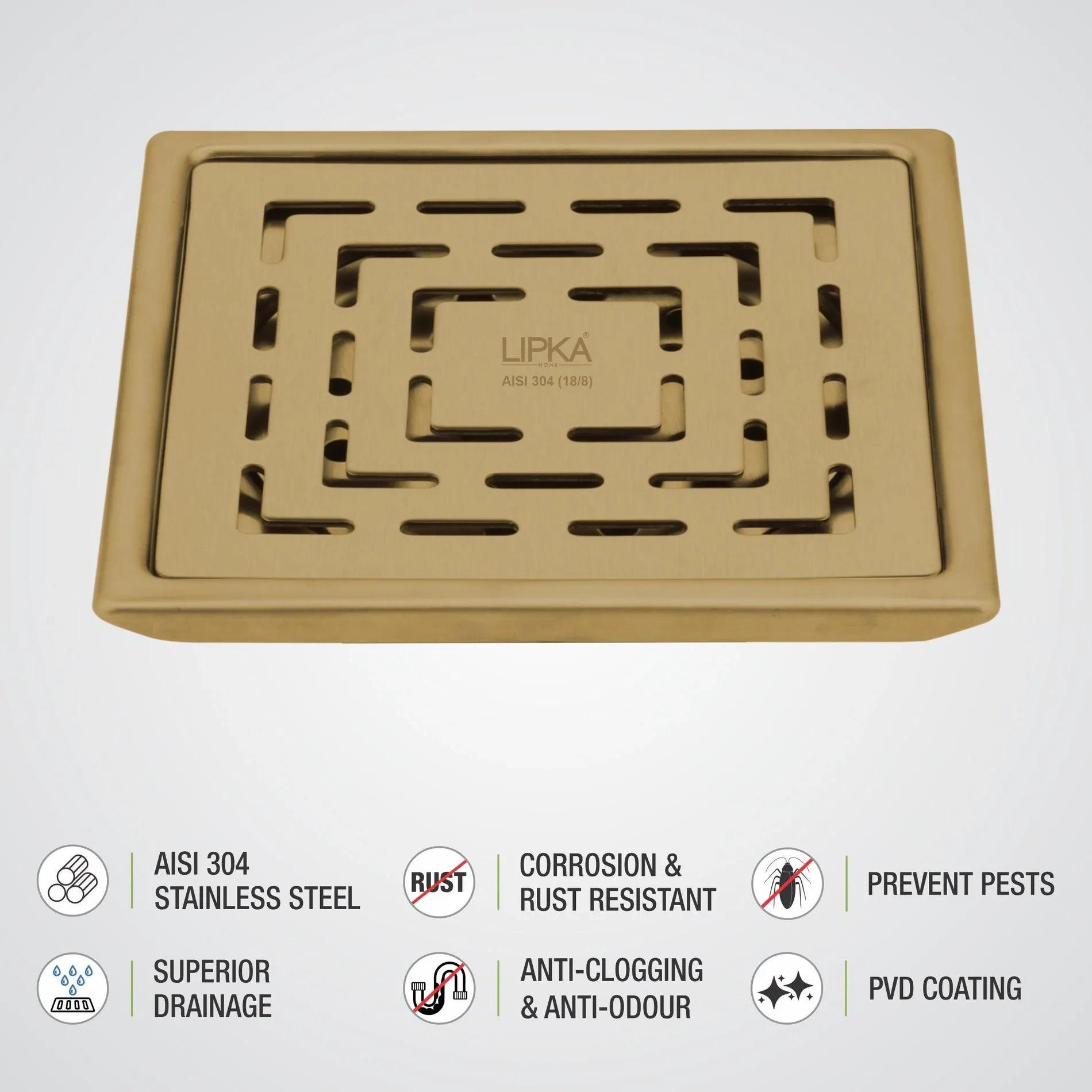 Lipka Orange Exclusive Square Floor Drain in Yellow Gold PVD Coating (5 x 5 Inches) 2