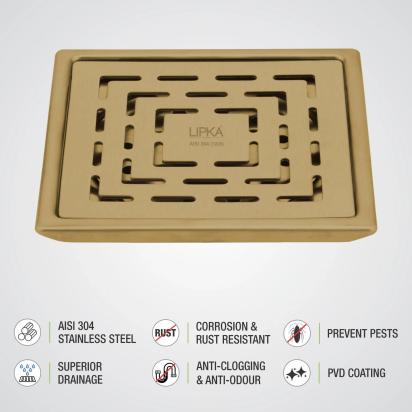 Lipka Orange Exclusive Square Floor Drain in Yellow Gold PVD Coating (5 x 5 Inches) 2
