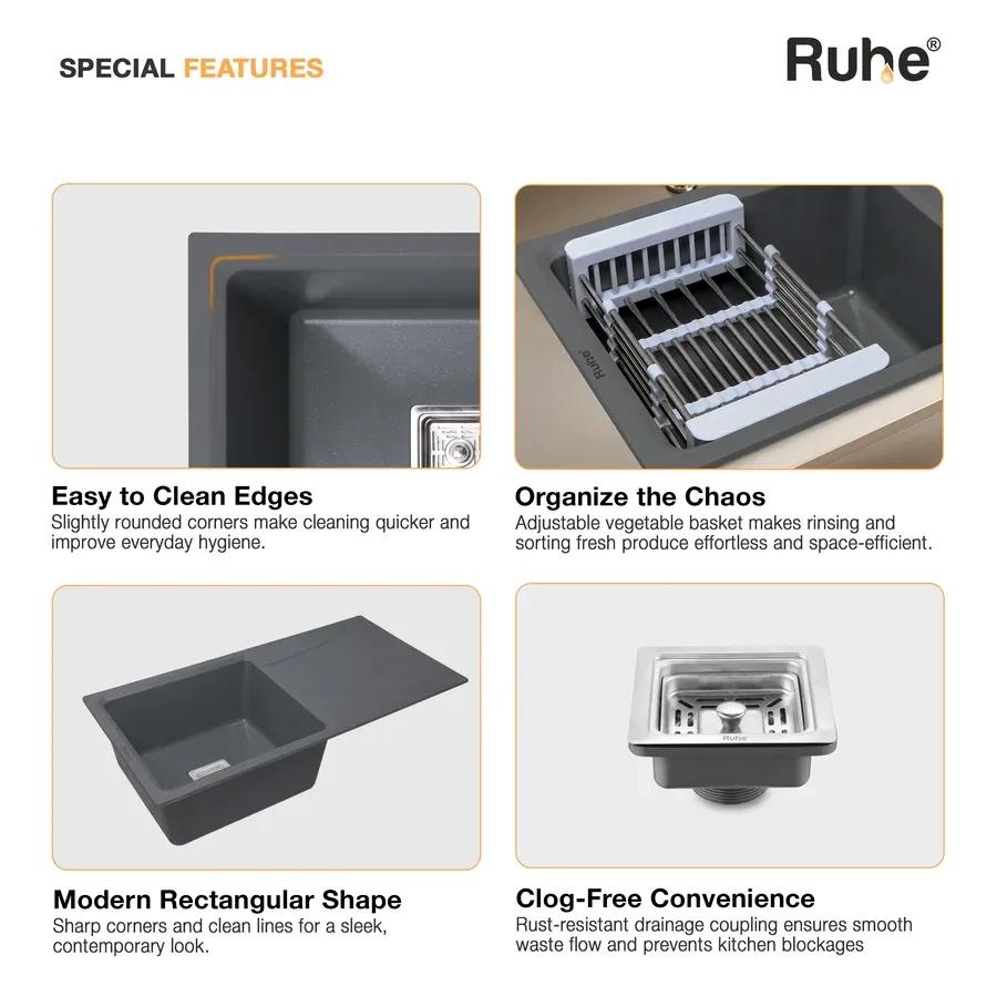 Ruhe Quartz Single Bowl With Drainboard Kitchen Sink -  36 X 18 X 9 Inches - Grey 4