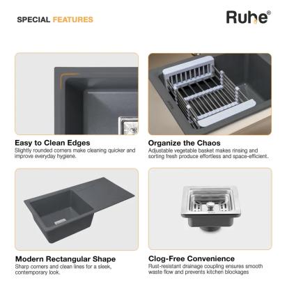 Ruhe Quartz Single Bowl With Drainboard Kitchen Sink -  36 X 18 X 9 Inches - Grey by Ruhe : Colours available: Grey 7 4