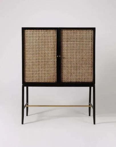 Asian Arts Black Cane & Wood Bar Cabinet | Rattan Drinks Cabinet with Glass Holders 1