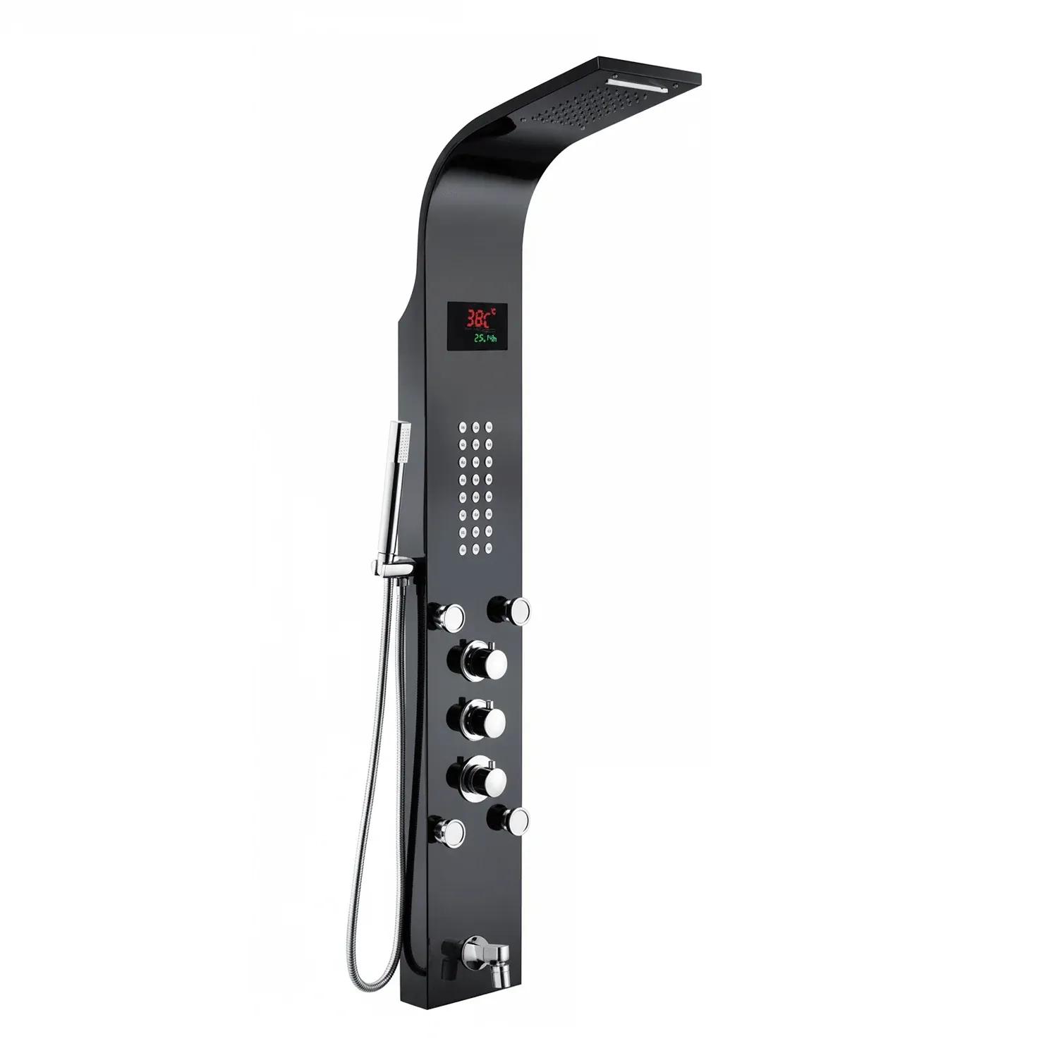 Aquieen 5-in-1 Wall-Mounted Black Shower Panel Set | Heavy-Duty SS304 Body with Overhead Shower, Hand Shower, Body Jet, Spout, Hot & Cold Water Flow Control & Temperature Display 1