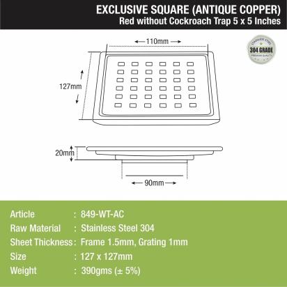 Lipka Red Exclusive Square Floor Drain in Antique Copper PVD Coating (5 x 5 Inches) 1