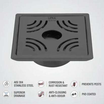 Lipka Purple Exclusive Square Floor Drain in Black PVD Coating (6 x 6 Inches) with Hole & Cockroach Trap 3