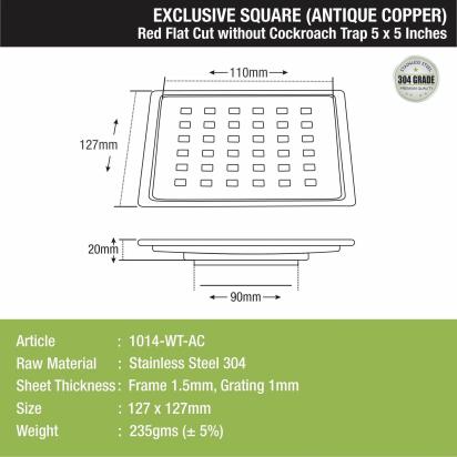 Lipka Red Exclusive Square Flat Cut Floor Drain in Antique Copper PVD Coating (5 x 5 Inches) 1