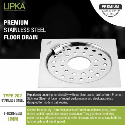 Lipka Eon Square Flat Cut Floor Drain with Plain Jali, Hinge and Hole (5 x 5 Inches) 3