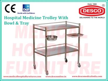 Desco Medicine Trolley with Bowl & Tray by Desco : Colours available: Silver