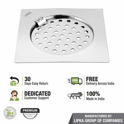 Lipka Eon Square Flat Cut Floor Drain with Plain Jali and Hinge (6 x 6 Inches) 4