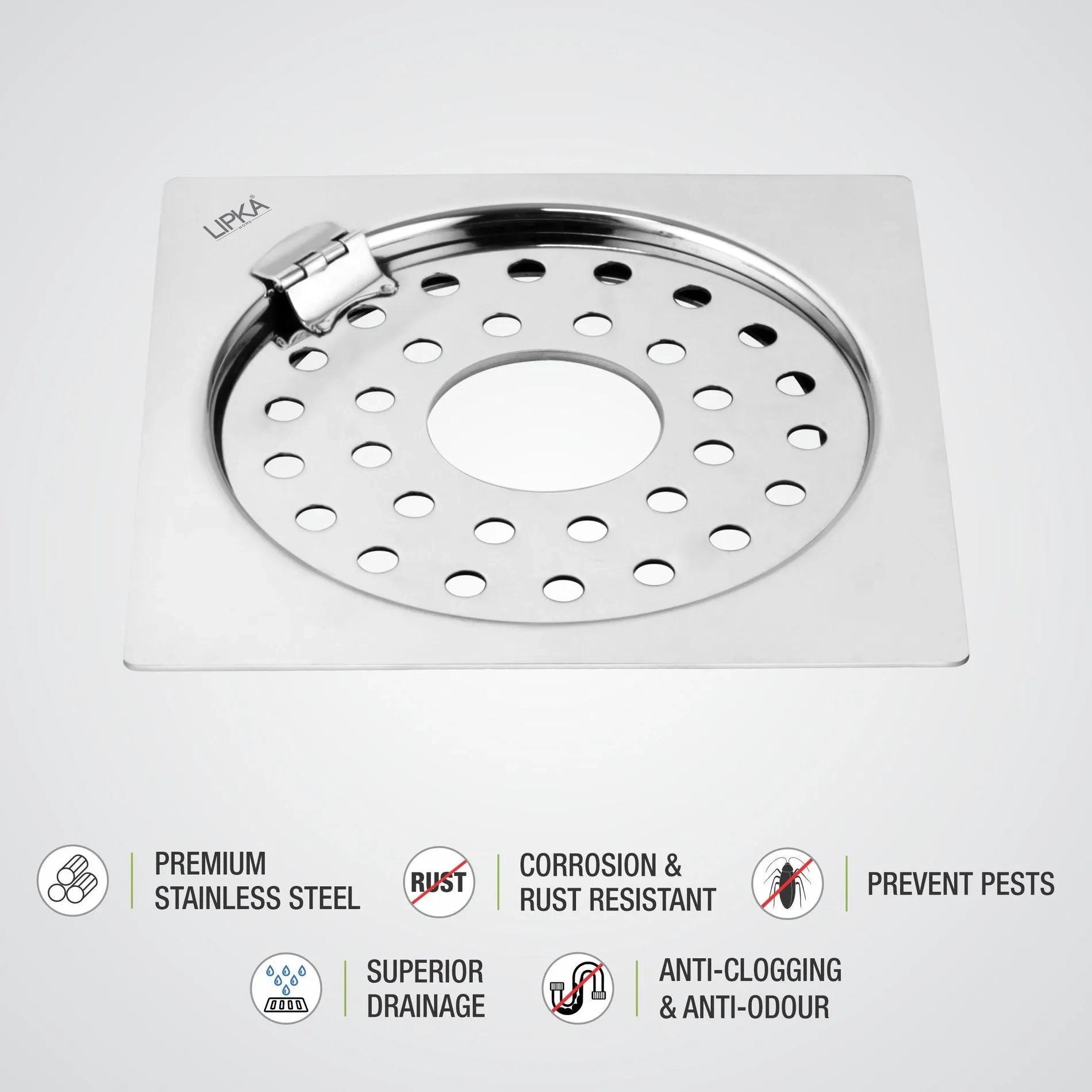 Lipka Eon Square Flat Cut Floor Drain with Plain Jali, Hinge and Hole (5 x 5 Inches) 2