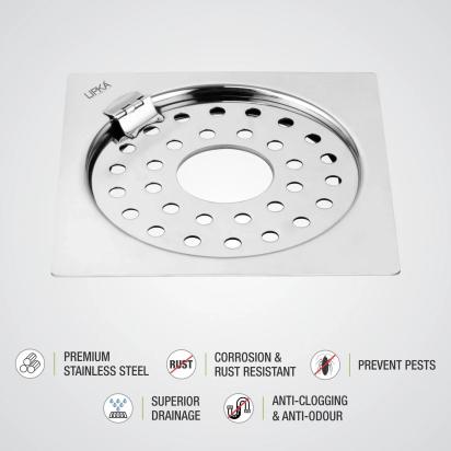 Lipka Eon Square Flat Cut Floor Drain with Plain Jali, Hinge and Hole (5 x 5 Inches) 2