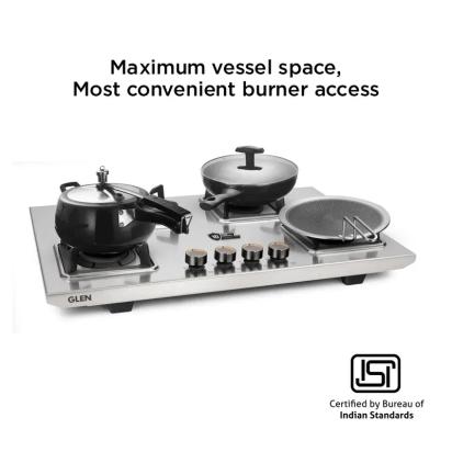 Glen 4 Burner Stainless Steel LPG Gas Stove|10 Years warranty on Burners and Gas Valve|1 Jumbo Forged Brass Burner|Ultra Tough Body|Manual Ignition|360° Revolving Brass Nozzle|1054UTTNDTSS 2