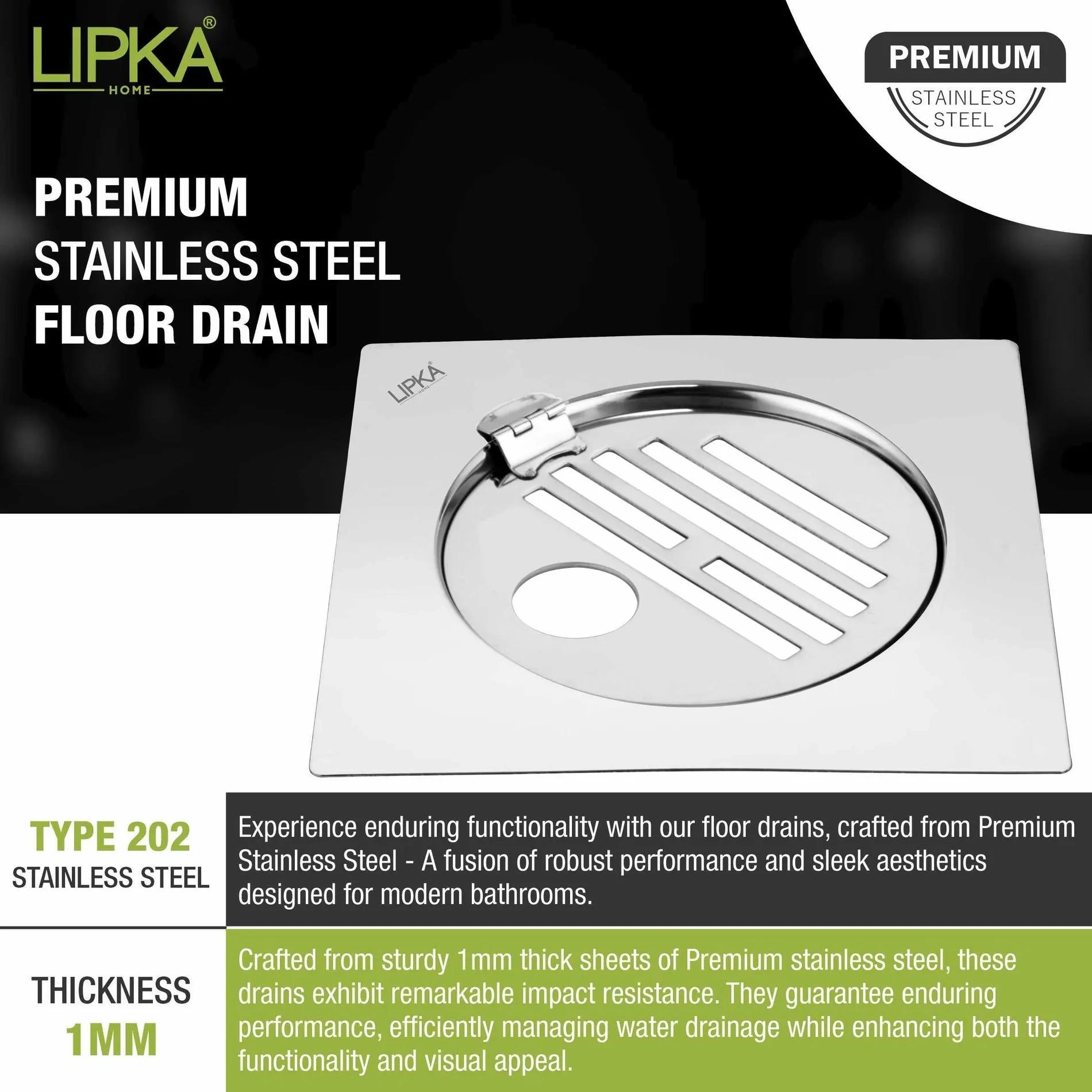 Lipka Eon Square Flat Cut Floor Drain with Golden Classic Jali, Hinge and Hole (6 x 6 Inches) 3