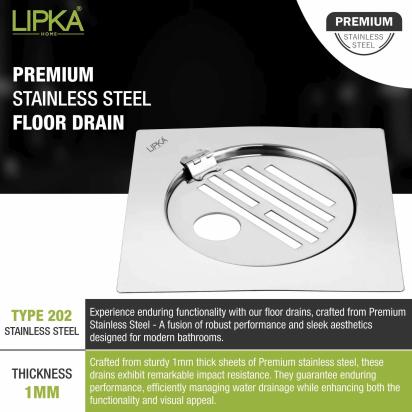 Lipka Eon Square Flat Cut Floor Drain with Golden Classic Jali, Hinge and Hole (6 x 6 Inches) 3