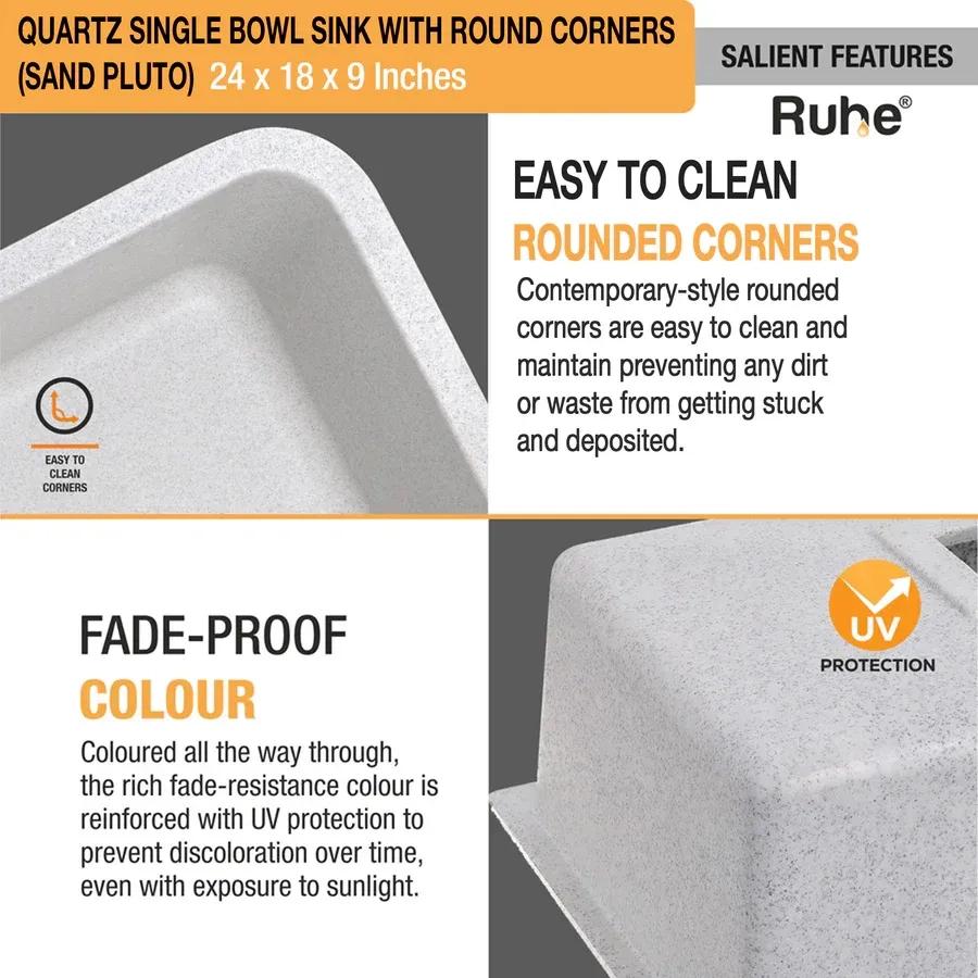Ruhe Quartz Single Bowl Round Kitchen Sink - 24 X 18 X 9 Inches - Chrome 3