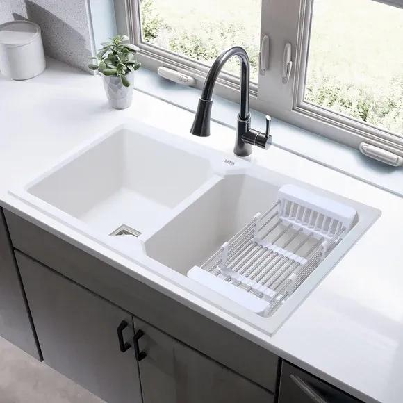 Lipka Crystal White Quartz Double Bowl Kitchen Sink (45 x 20 x 9 Inches)