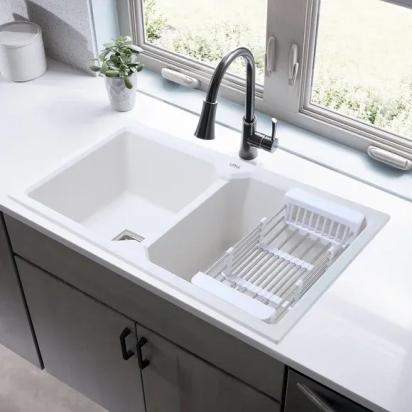 Lipka Crystal White Quartz Double Bowl Kitchen Sink (45 x 20 x 9 Inches)