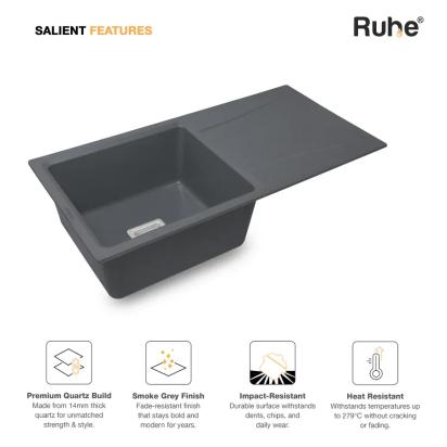Ruhe Quartz Single Bowl With Drainboard Kitchen Sink -  36 X 18 X 9 Inches - Grey by Ruhe : Colours available: Grey 6 3