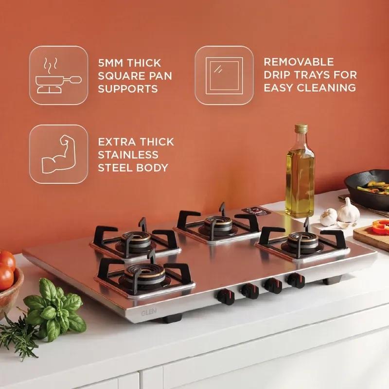 Glen 4 Burner Ultra Tuff Stainless Steel Gas Stove with Multi Ring Forged Brass Burner & Drip trays (CT1054UTDTSS) 2