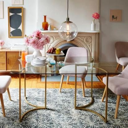 Asian Arts Modern Glam Glass Dining Table - Rectangular Top with Curved Gold Metal Base by Asian Arts : Colours available: Gold