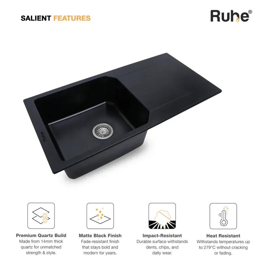 Ruhe Quartz Single Bowl With Drainboard Kitchen Sink - 39 X 20 X 9 Inches - Black 3