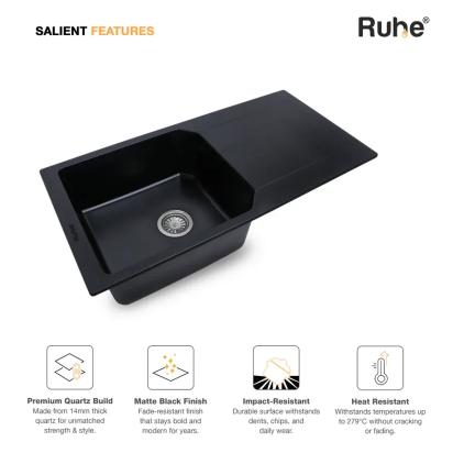 Ruhe Quartz Single Bowl With Drainboard Kitchen Sink - 39 X 20 X 9 Inches - Black by Ruhe : Colours available: Black 9 3
