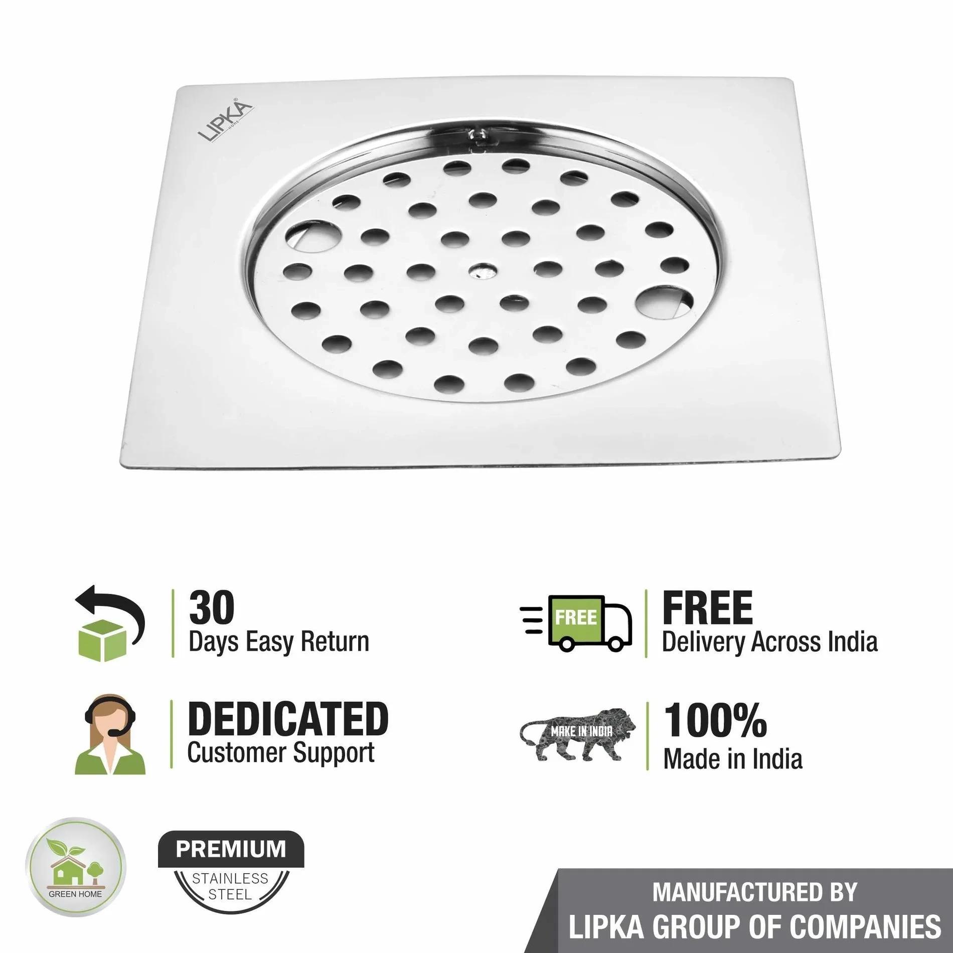 Lipka Eon Square Flat Cut Floor Drain with Plain Jali and Lock (6 x 6 Inches) 4