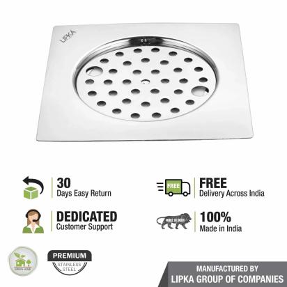 Lipka Eon Square Flat Cut Floor Drain with Plain Jali and Lock (6 x 6 Inches) 4
