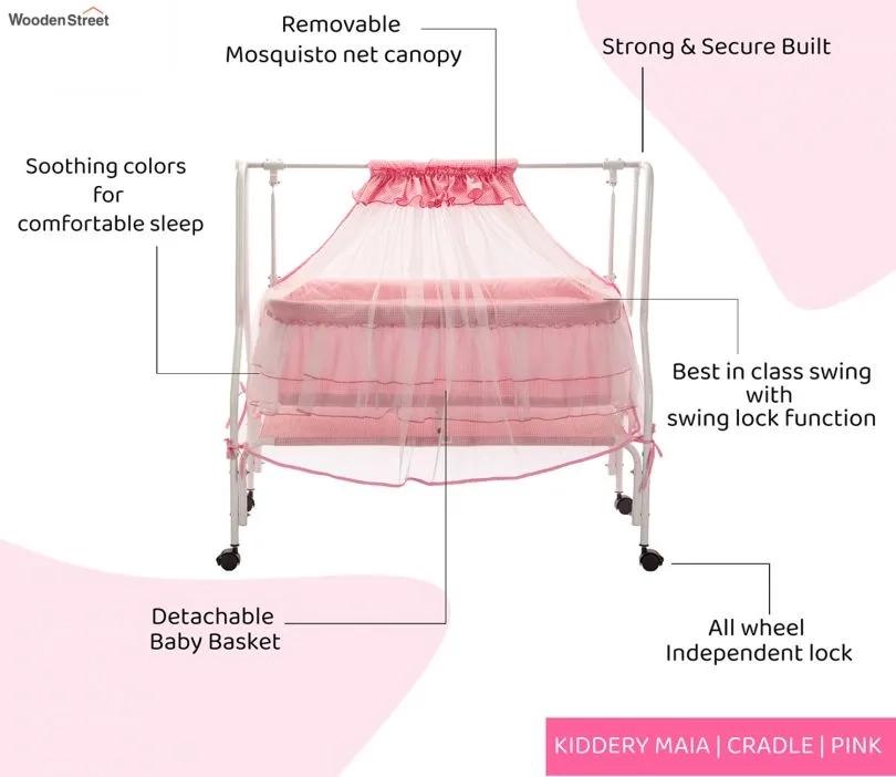 Wooden Street Maia Mosquito Protection Net Movable Steel Baby Cot Pink 4