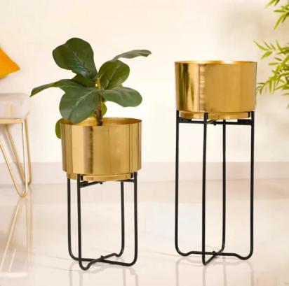 Nestasia Luxe Metal Floor Planter With Stand Gold Set Of 2 by Nestasia : Colours available: Gold