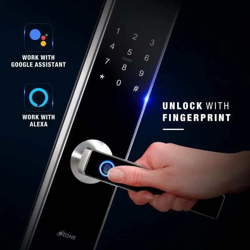 Ozone Smart Bluetooth Lock for Wooden & Metal Doors, 4-Way Access, OzoLife App, Fingerprint, Password, RFID Card, 35-100 mm Door Thickness, Free Installation, 2 Years Warranty (Black | Satin Chrome) 1