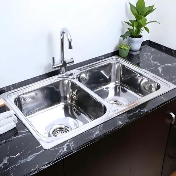 Lipka Round Double Bowl 304-Grade Kitchen Sink (37 x 18 x 8 Inches)
