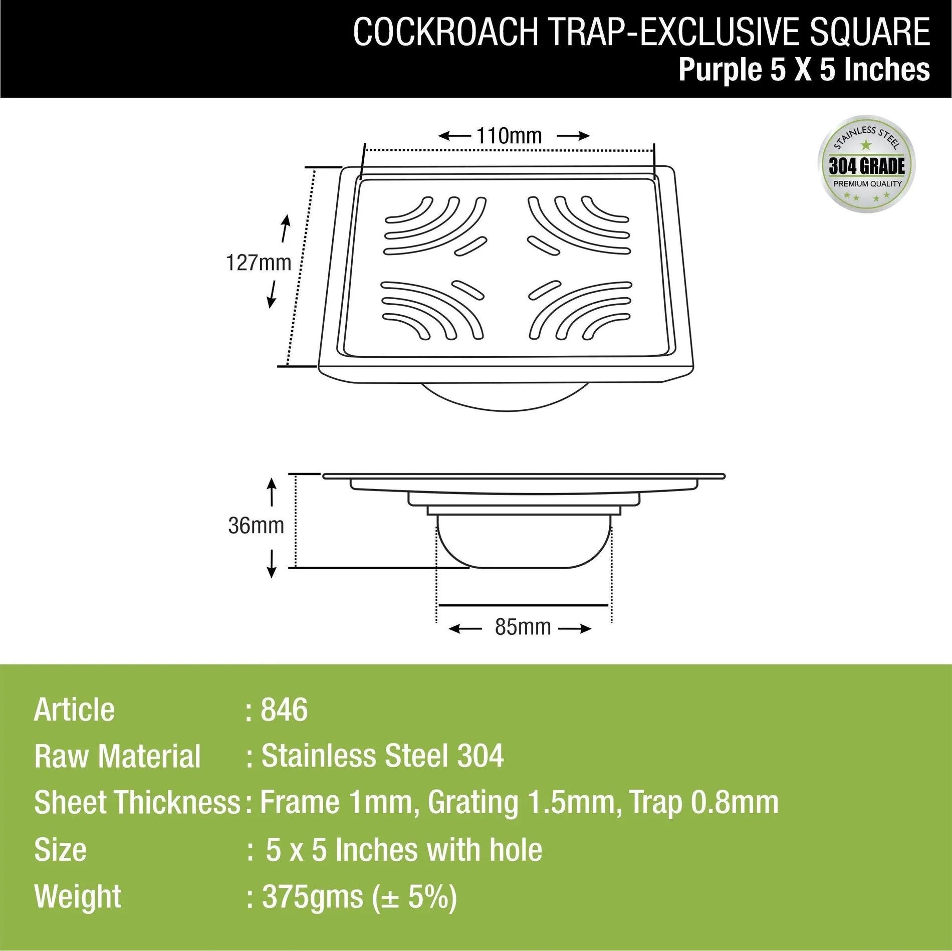 Lipka Purple Exclusive Square Floor Drain (5 x 5 Inches) with Cockroach Trap 1