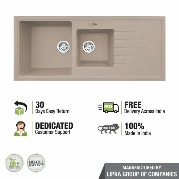Lipka Sand Choco Quartz Double Bowl with Drainboard Kitchen Sink (45 x 20 x 9 Inches) 4
