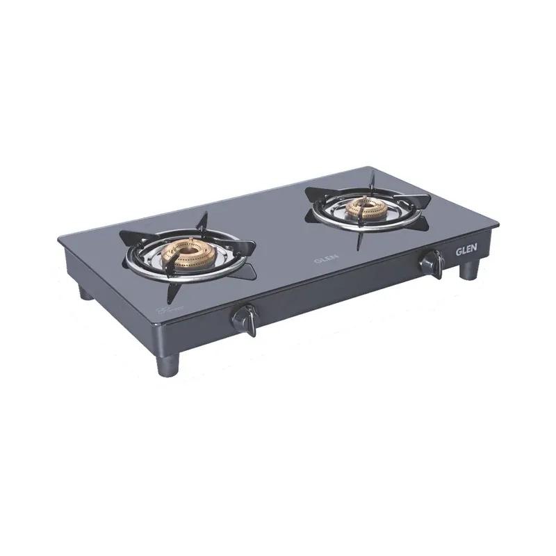 Glen 2 Burner Glass Gas Stove 63 cm|Toughened Glass Top|Extra Large High Flame Brass Burners|Black|Manual Ignition|ISI Certified
