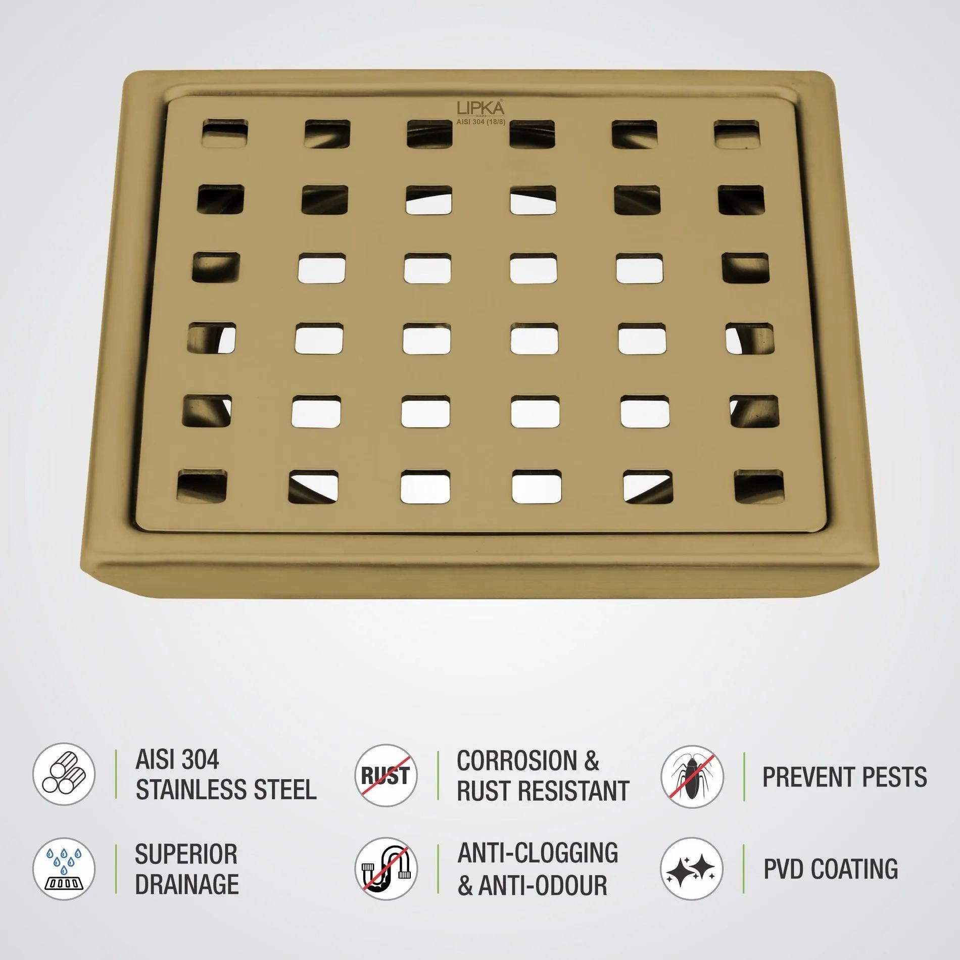 Red Exclusive Square Floor Drain in Yellow Gold PVD Coating (6 x 6 Inches) 2