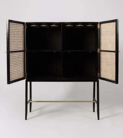 Asian Arts Black Cane & Wood Bar Cabinet | Rattan Drinks Cabinet with Glass Holders