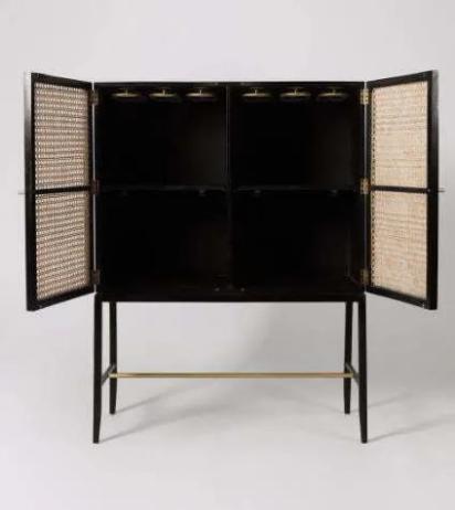Asian Arts Black Cane & Wood Bar Cabinet | Rattan Drinks Cabinet with Glass Holders by Asian Arts : Colours available: Black